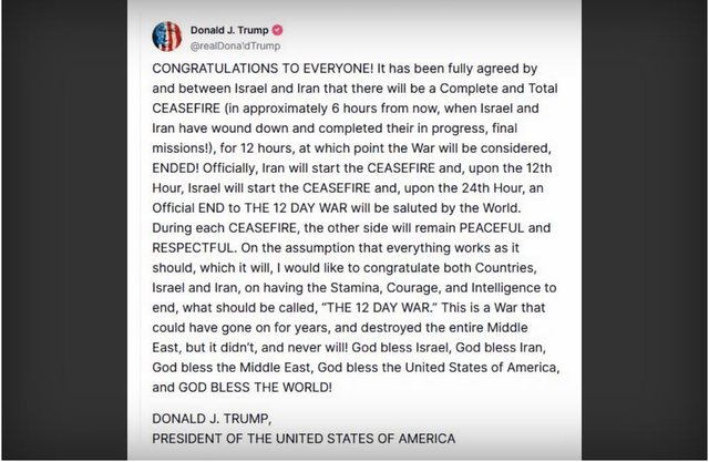 Trump: Armëpushimi mes Izraelit dhe Iranit është tani në