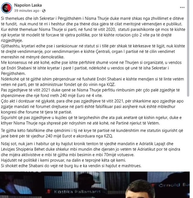"Vodhe fondet e KQZ", ish-sekretari i 'Nismës' akuzon