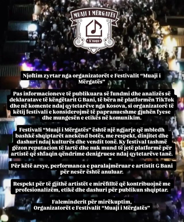 G Bani përjashtohet nga festivali në Drenas pas deklaratës