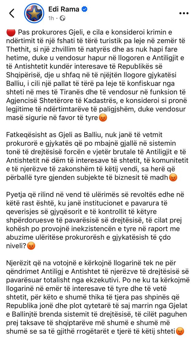 Edi Rama: Prokurorja Gjeli dhe gjyqtari Balliu mbrojnë ndërtimet pa
