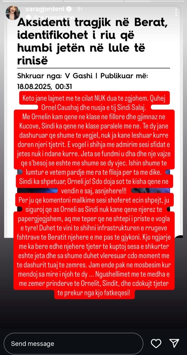 Aksidenti në Berat, Sara Gjordeni emocionon me fjalët për humbjen