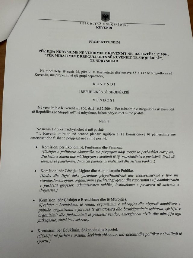 Zbardhet dokumenti, PS depoziton zyrtarisht ndarjen e komisioneve Parlamentare!