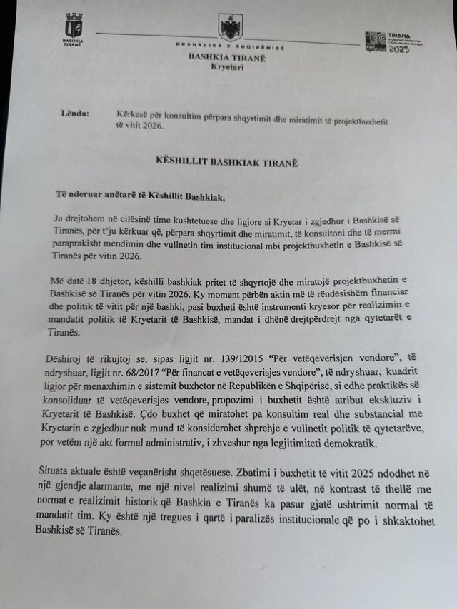 Veliaj letër Këshillit Bashkiak të Tiranës para miratimit te