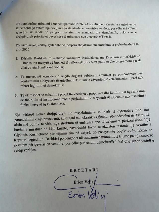 Veliaj letër Këshillit Bashkiak të Tiranës para miratimit te