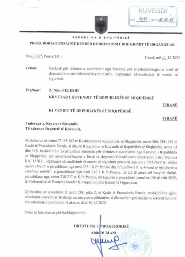 Zbardhet shkresa drejtuar Kuvendit, Dumani k&euml;rkon arrestimin e Ballukut 3