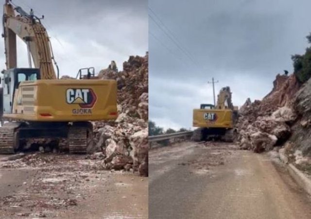 Shembet rruga e Dh&euml;rmiut, masivi i gur&euml;ve bllokon qarkullimin.
