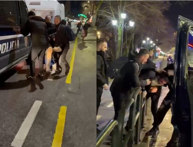 Momenti kur policia t&euml;rheq protestuesin n&euml; rrug&euml;, pas tensioneve