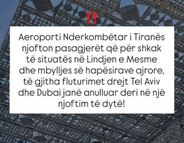 S*lmet në Lindjen e Mesme/ Aeroporti i Tiranës pezullon fluturimet