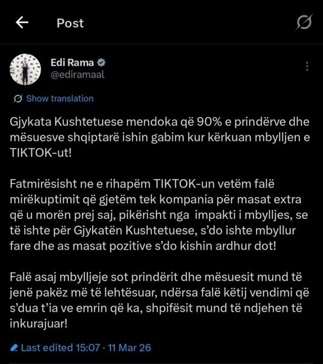 Vendimi p&euml;r TikTok, Rama: Kushtetuesja mendonka se 90% e prind&euml;rve dhe