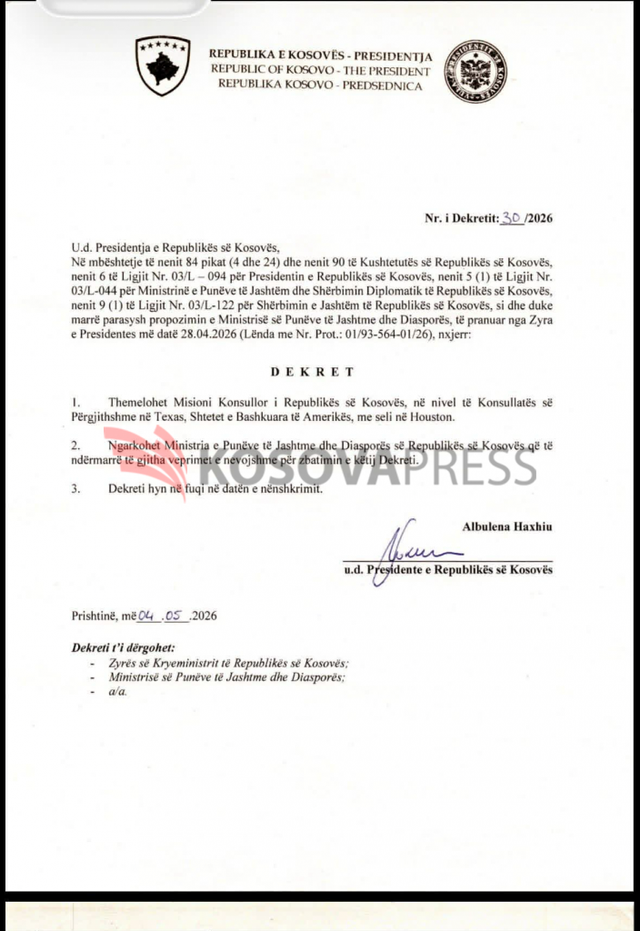 Kosova me konsullat&euml; t&euml; re n&euml; SHBA, n&euml;nshkruhet dekreti